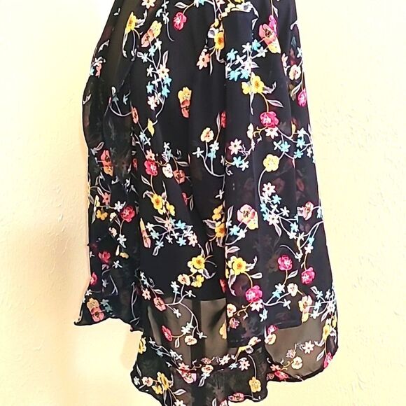 Bedford Fair Sheer Coverup Jacket, Navy w/Colorful Flowers & Ruffles, Size 2X - Picture 4 of 7